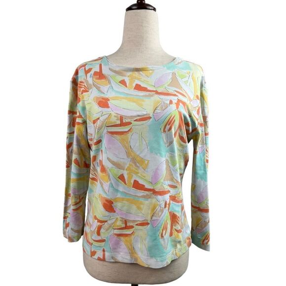 Leggiadro 3/4 Length Sleeve Shaped T-Shirt in Pastel Nautical Sailboat Print - Picture 1 of 9